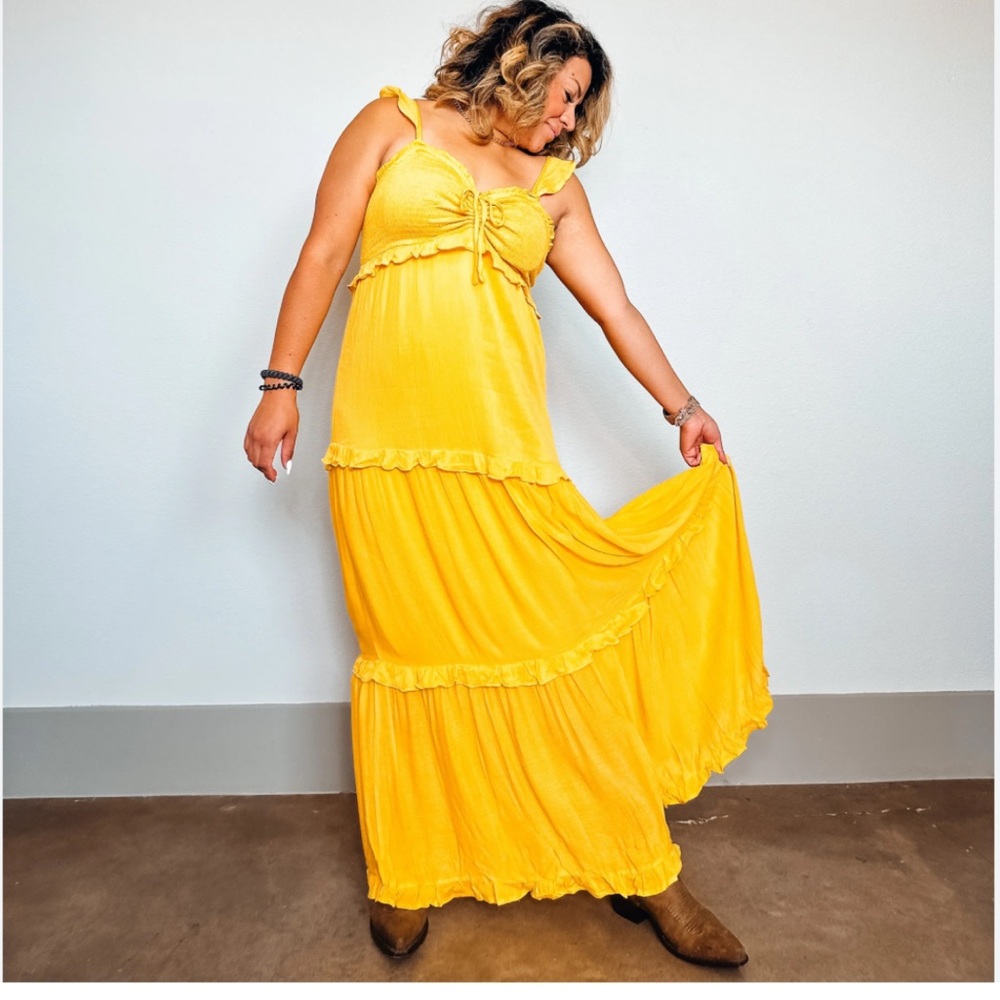 Lush Womens Yellow Smocked Tiered Ruffle Maxi Dress Small Boho Summer Sun Dress